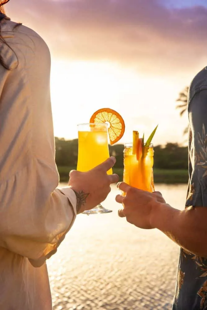 A lifestyle image of a couple holding two cocktails watching the sunset in Hawaii.